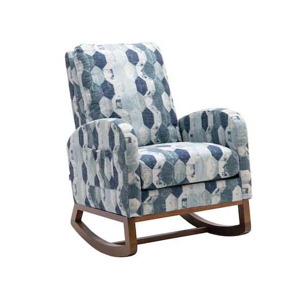 URTR Blue Geometry Upholstered Rocking Chair, High Back Armchair, Rocker Chair with Side Pocket for Living Room, Nursery