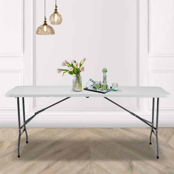 Oyezvary 94.4 in. Folding Rectangle Steel Picnic Table, Heavy Duty and Portable Seats 6-People with Carrying Handle in White
