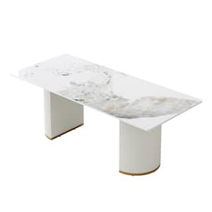 Modern Beige Sintered Stone Top 78.7 in. Pedestal Dining Table Seats 10
