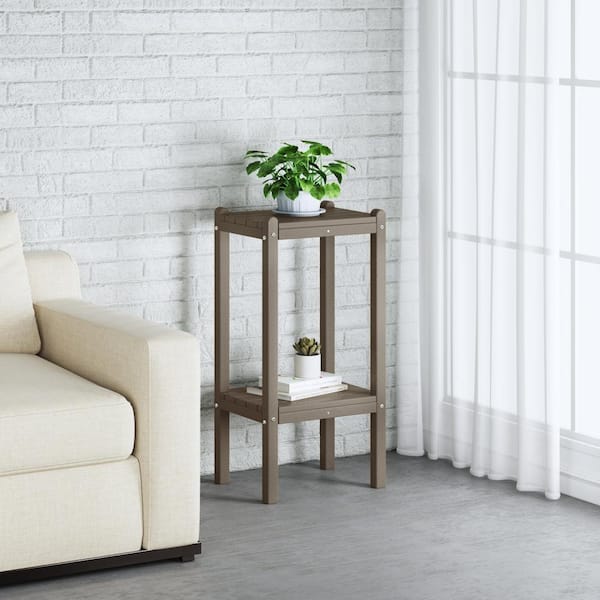 Laguna Plastic Indoor/Outdoor Patio Side Table with Storage Shelf Weathered Wood