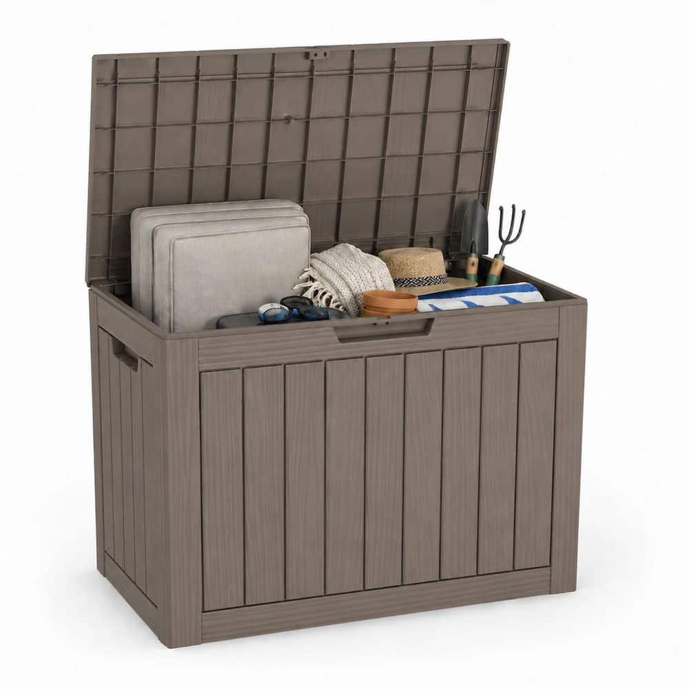 45 Gal. Gray Wood Grain Resin Deck Box with Lockable Flip Top Lid 350 lbs. Seat Tool Free