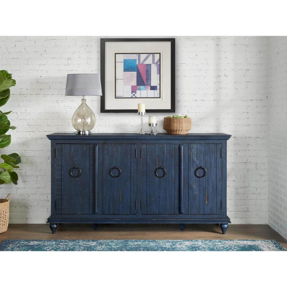 Rustic Blue 65" Solid Pine Wood TV Stand with Cabinet