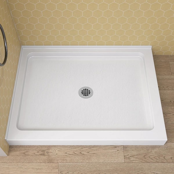 48 in. L x 36 in. W Double Threshold Left Corner Shower Pan Base with Center Drain Hole in White Acrylic Shower Tray