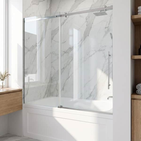 Luca 56 to 60 in. W x 58 in. H Sliding Frameless Tub Door in Stainless Steel with 3/8 in. (10mm) Clear Glass