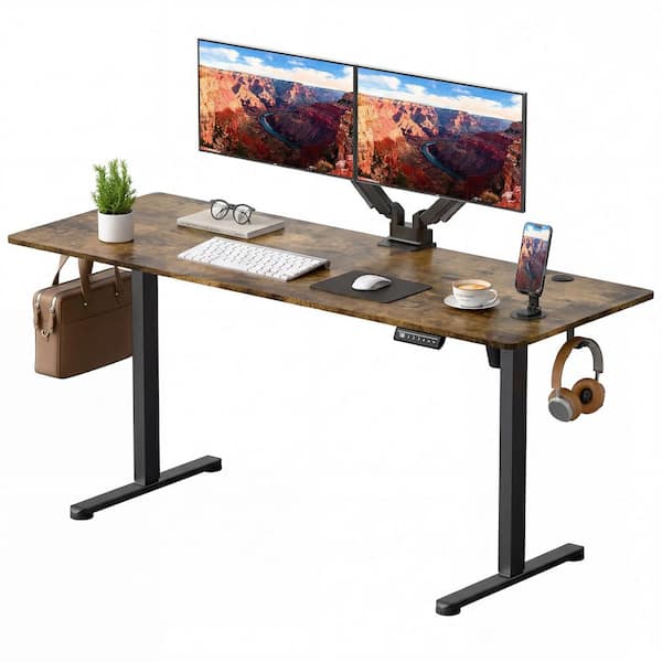 63in. Rectangular Brown Electric Standing Desk with Phone Holder and USB Charging Port