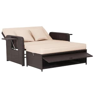 1-Piece Wicker Outdoor Sectional Daybed with 4-Level Adjustable Backrest and Retractable Side Tray Beige Cushion