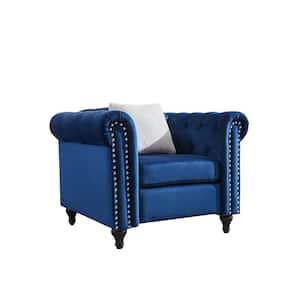 Button Upholstered Accent Sofa Chair in Blue Velvet with Nailhead Trim and Cushion