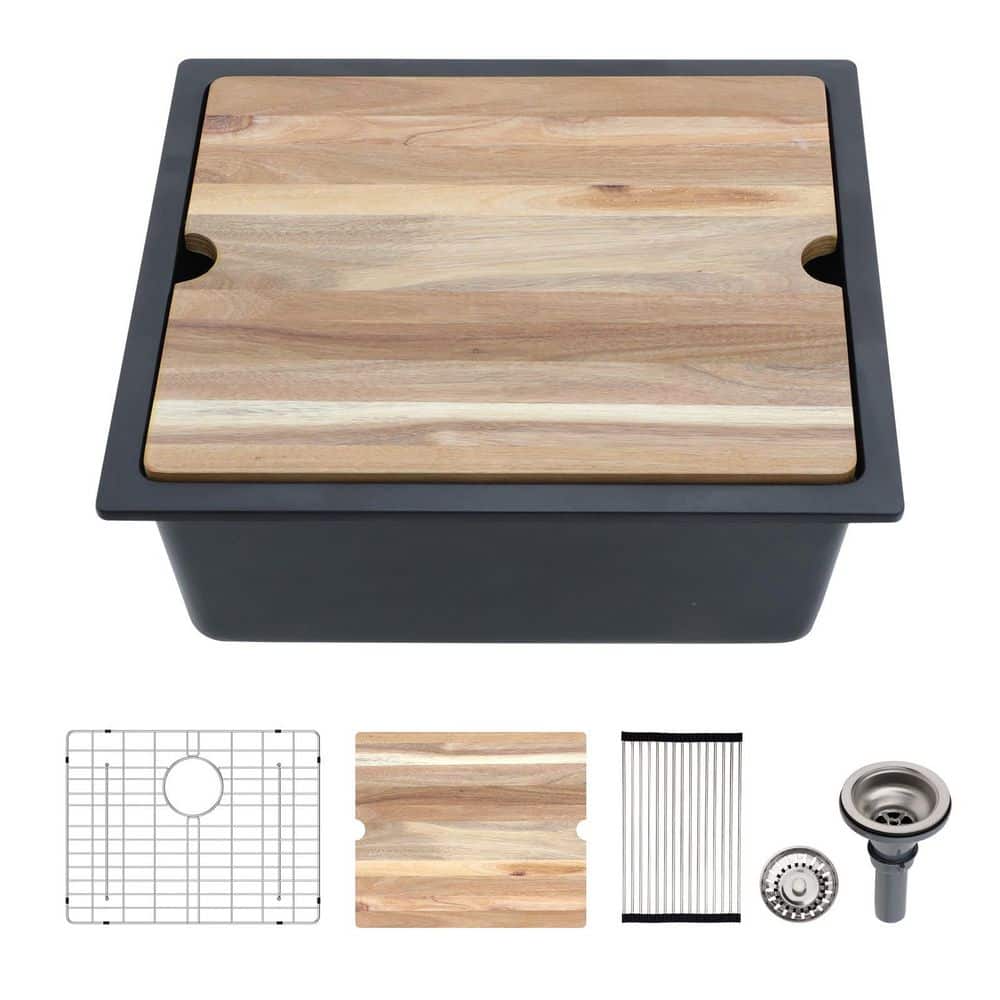 21 in. Undermount Single Bowl Workstation Black Quartz Composite Kitchen Sink Round Corner with Cutting Board price history on PriceWatchPro
