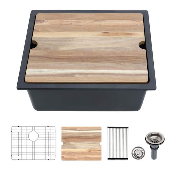 21 in. Undermount Single Bowl Workstation Bar Kitchen Sink in Black Quartz Composite with Bottom Grid and Accessories