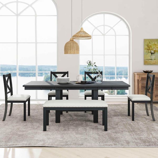 6-Piece Rectangular Extendable Black Wood Top Dining Table Set Seats 6 with 4 Upholstered Dining Chairs and Dining Bench