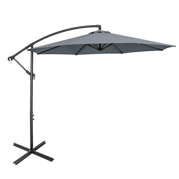 WELLFOR 10 ft. Steel Cantilever Tilt Patio Umbrella with 8 Ribs and Cross Base in Gray
