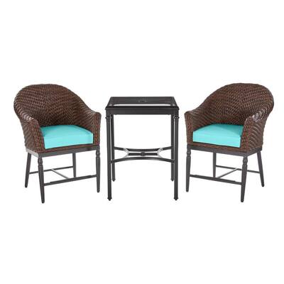 Camden 3-Piece Dark Brown Wicker Outdoor Patio Balcony Height Bistro Set with CushionGuard Seaglass Turquoise Cushions