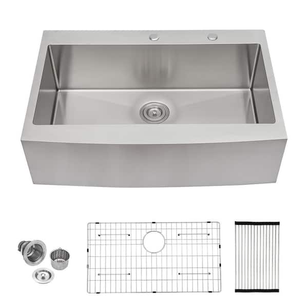 Sarlai 33 in. Farmhouse Top Mount Single Bowl 16 Gauge Brushed Nickel Stainless Steel Kitchen Sink with Bottom Grid