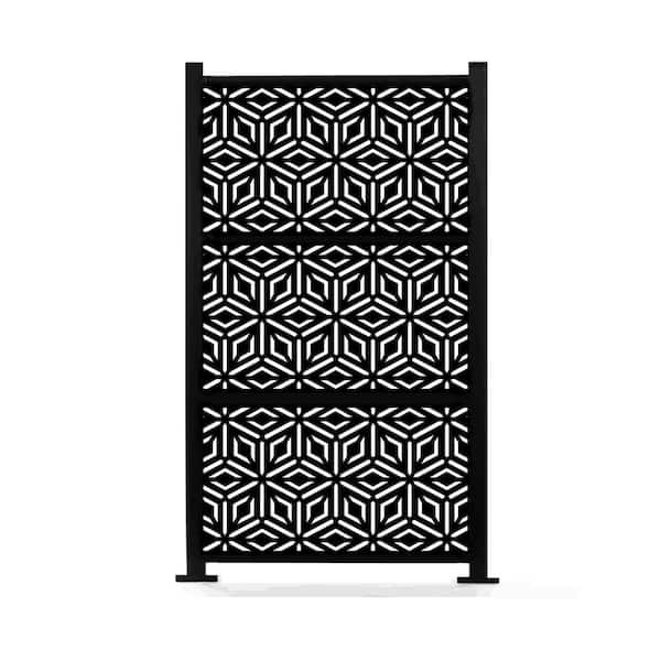 Ejoy 72 in. x 38 in. New Style Metal Art Laser Cut Metal Black Privacy Fence Screen, Diamond 2-Pole with 3-Panel Set