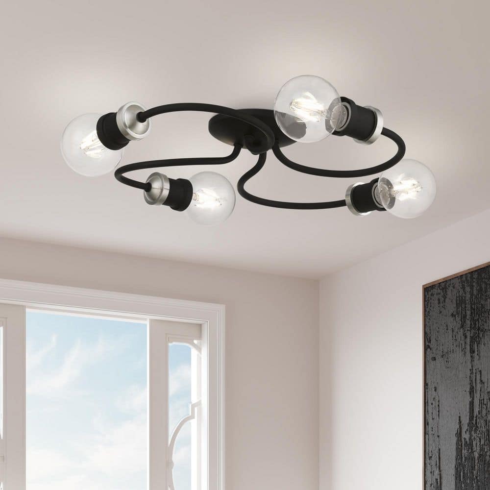 Black and Brushed Nickel 4-Light Flush Mount Ceiling Fixture