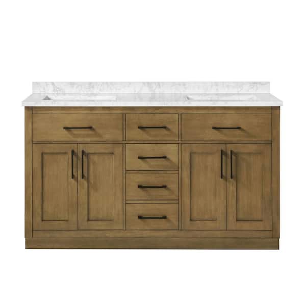 Athea 60 in. Freestanding Almond Latte Bath Vanity with White Engineered Marble Top, Power Bar and Matte Black Hardware