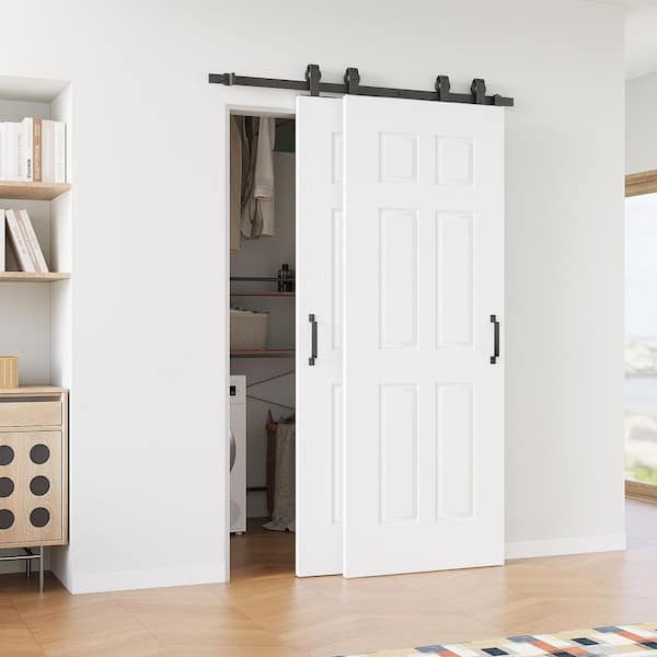 52 in. x 80 in. (Double 30 in.) 6-Panel Molded White Primed Solid Core MDF Sliding Barn Door with Hardware Kit Bypass