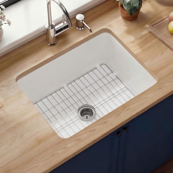 White Fireclay 24 in. Drop-In/Undermount Dual Mount Single Bowl Kitchen Sink Fireclay Kitchen and Sink Grid and Strainer