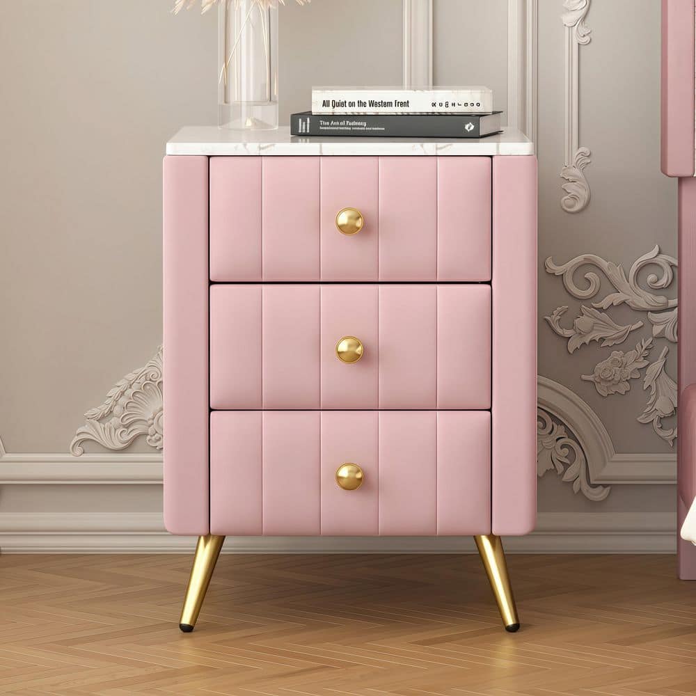 Harper & Bright Designs Pink Wooden 3-Drawer 16.3 in. W Velvet