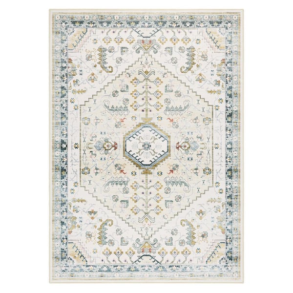 EVERWASH Haven 6 ft. x 9 ft. Ivory Modern Medallion Washable Area Rug