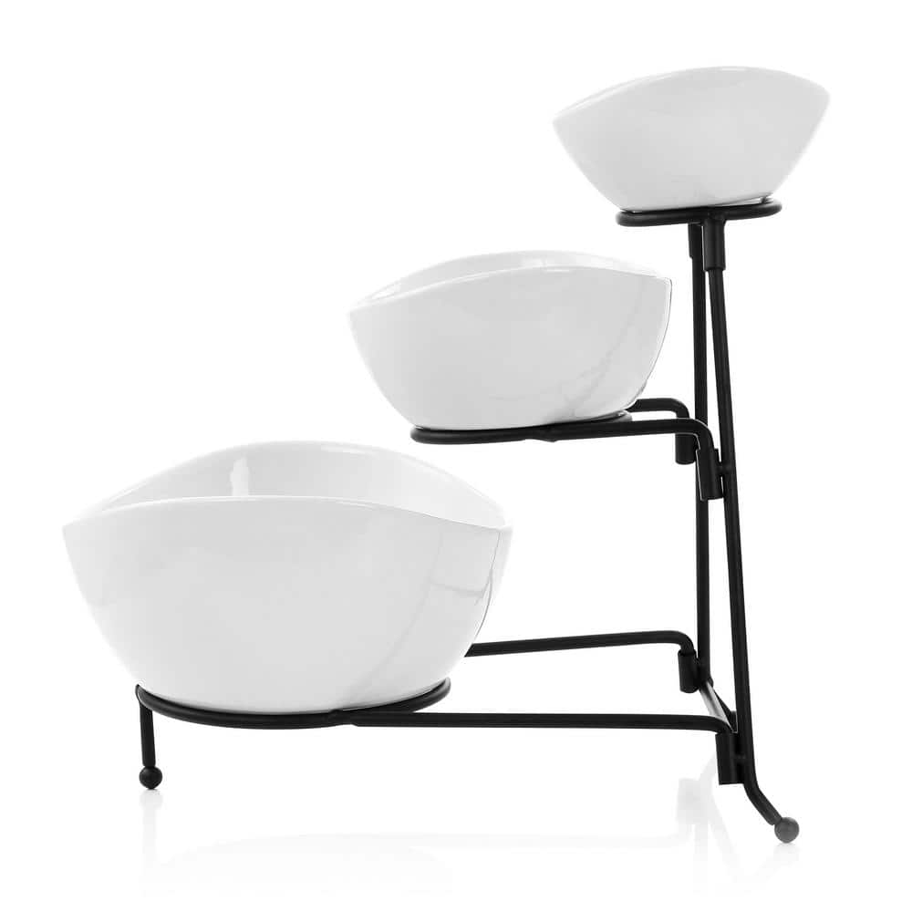 White Ceramic 3-Tier Oval Serving Bowl Set with Metal Stand