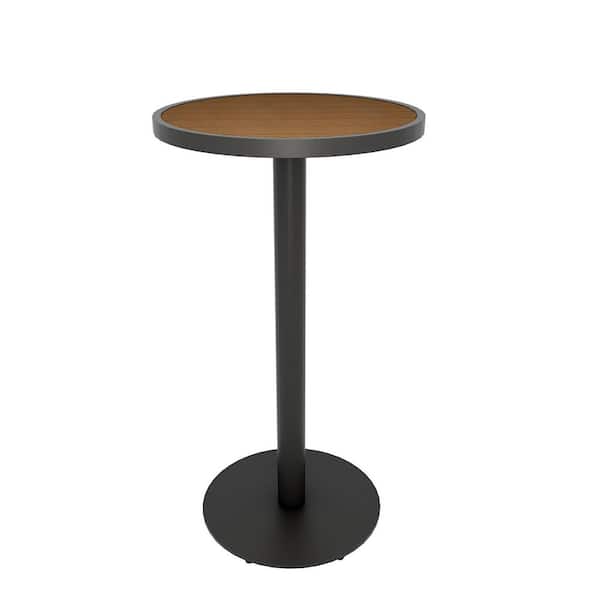 Matte Black Aluminum Frame Round Composite 23.62 in. x 23.62 in. x 43.31 in. Outdoor High Bar Table in Peruvian Teak