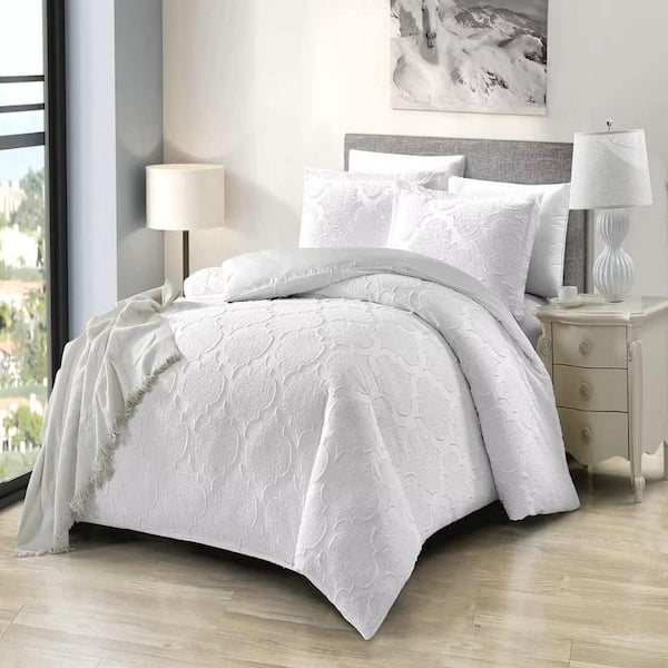 Shatex All Season Bedding 3 Piece White Polyester Queen Size Ultra Soft Elegant Bedding Comforters set
