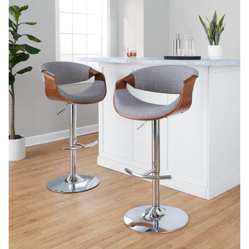 Curvo Light Gray Adjustable Swivel Barstool with Walnut Armrests