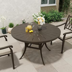 48 in. W Brown Cast Aluminum Outdoor Patio Round Dining Table with Retro Table Top and Umbrella Hole