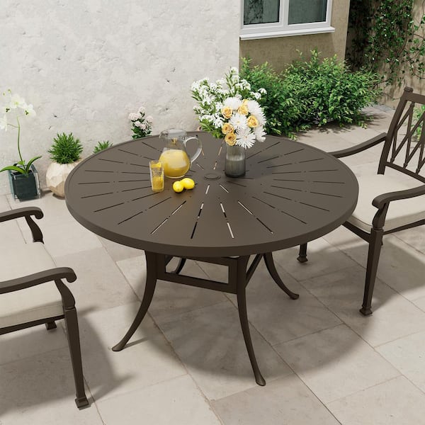 48 in. W Brown Cast Aluminum Outdoor Patio Round Dining Table with Retro Table Top and Umbrella Hole