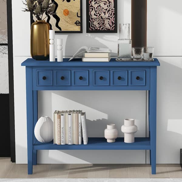 Qualler 38.2 in. Navy Rectangle MDF Console Table with 2-Drawers and Open Shelf