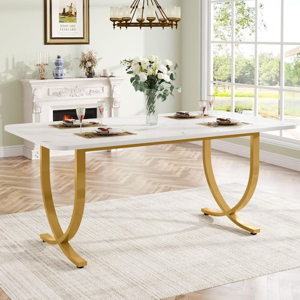 Delilah Modern White Gold Wood 63 in. Trestle Dining Table Rectangle Kitchen Table Seats-6 Faux Marble Particle Board