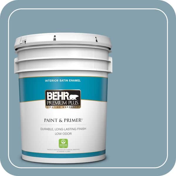 BEHR PREMIUM PLUS 5 gal. #T14-14 Cloisonne Blue Satin Enamel Low Odor Interior Paint & Primer