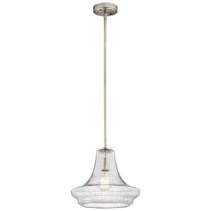 Everly 11.25 in. 1-Light Brushed Nickel Transitional Shaded Kitchen Pendant Hanging Light with Clear Seeded Glass