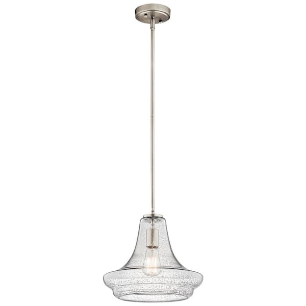 Everly 11.25 in. 1-Light Brushed Nickel Transitional Shaded Kitchen Pendant Hanging Light with Clear Seeded Glass