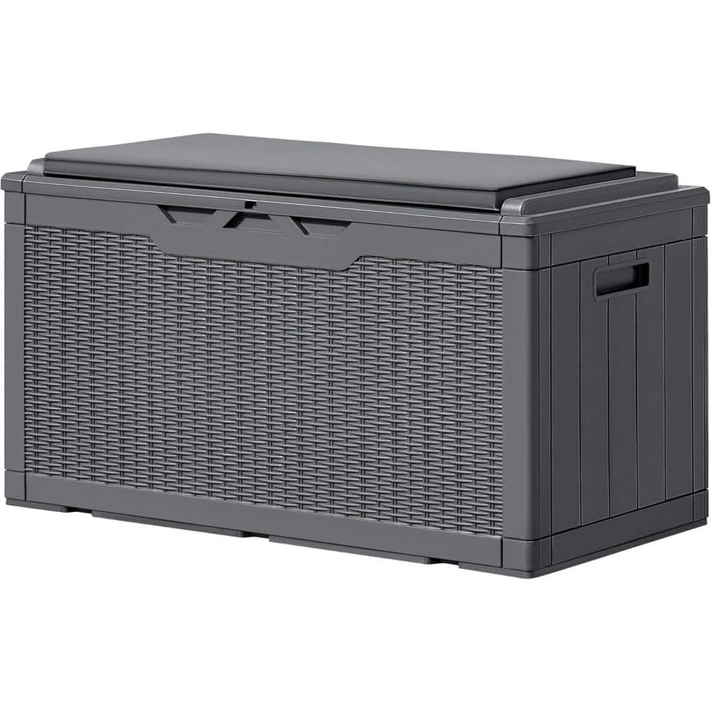 100 Gal. Gray Resin Deck Box with Cushions for Garden Tools, Patio Furnitur