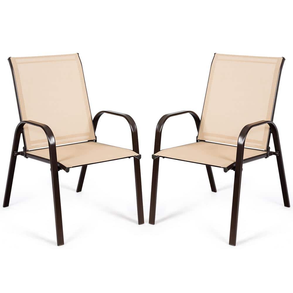 Costway Beige Outdoor Dining Chair Deck Yard with Armrest Set of 2 QD