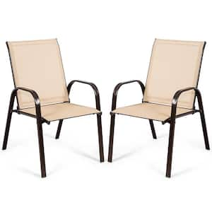 Beige Outdoor Dining Chair Deck Yard with Armrest Set of 2