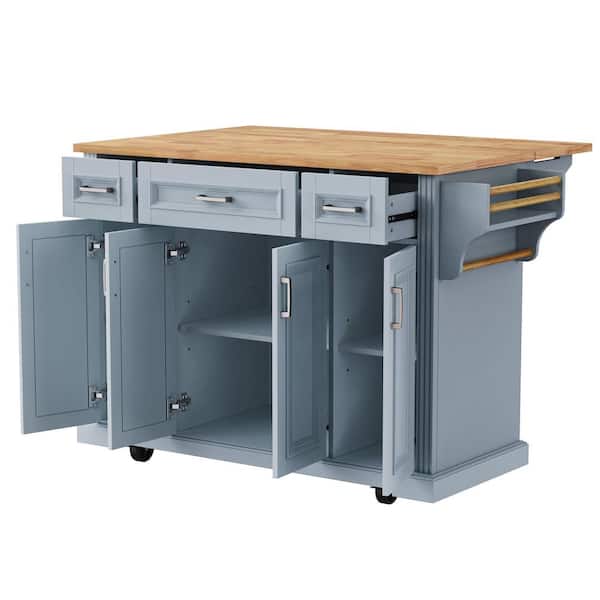 Unbranded Grey Blue Kitchen Island Cart with Rubber Wood Drop Leaf on 4 Wheels with 4 Doors and 3 Drawers