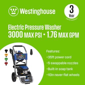 3000 PSI 1.76 GPM 13 Amp Cold Water Electric Powered Pressure Washer with Turbo Nozzle and 5-Quick Connect Tips