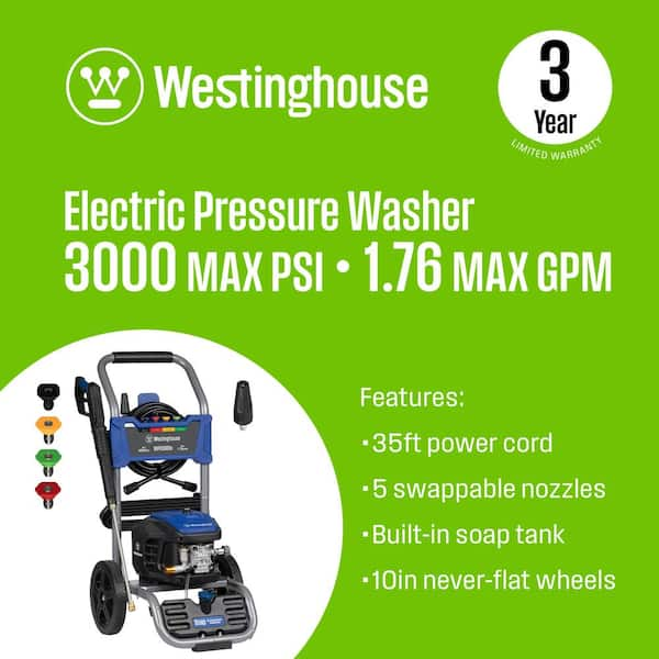 3000 PSI 1.76 GPM 13 Amp Cold Water Electric Powered Pressure Washer with Turbo Nozzle and 5-Quick Connect Tips