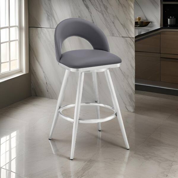 Benjara 30 in. Gray and Chrome Low Back Metal Frame Bar Stool with Faux Leather Seat