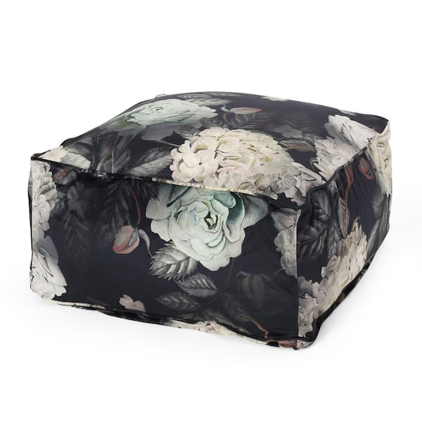 Noble House Cleves Flower Print on Black Large Pouf