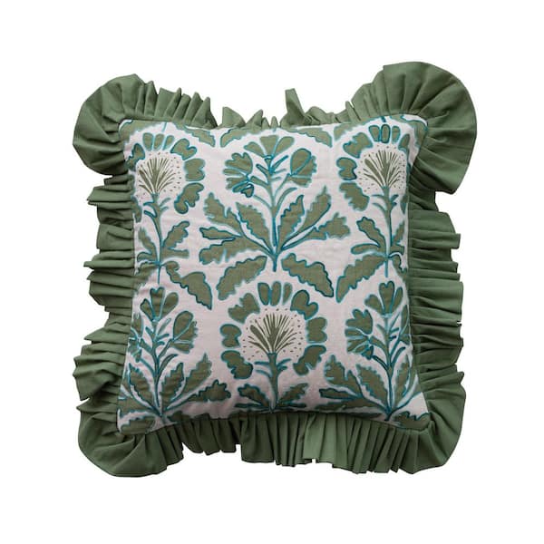 Multicolor Floral Polyester Microfiber 18 in. x 18 in. Cotton Printed Throw Pillow with Embroidery and Ruffle