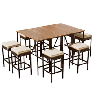 10-Piece Acacia Wood Outdoor Dining Set With Beige Cushions, 2 Bar Height Table with 8 Stools