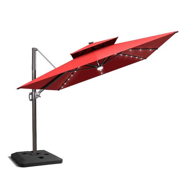 Double Top 11.5 ft. x 9 ft. 360° Rotation Solar LED Lighted Cantilever Patio Umbrella in Red, 240 lbs. HDPE Square Base
