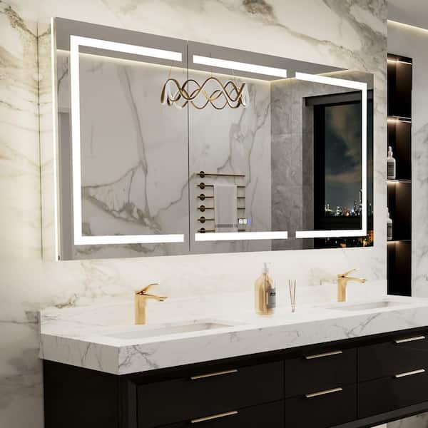 66 in. W x 36 in. H Rectangular Silver Aluminum Recessed/Surface Mount LED Medicine Cabinet with Mirror, GFCI Power-Off