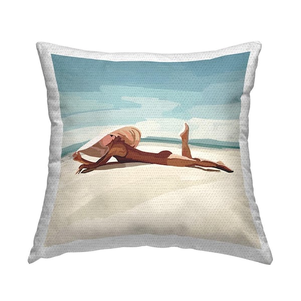 Stupell Industries Lounging Woman Tropical Beach Shoreline Blue Square Outdoor Throw Pillow