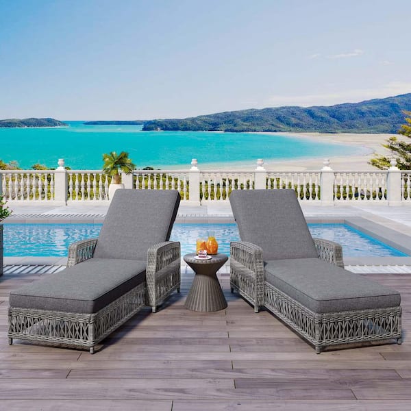 Unbranded Gray Wicker Outdoor Chaise Lounge with Gray Cushions, Rattan Pool Lounge Chaise, Patio Adjustable Recliner-2 Pieces