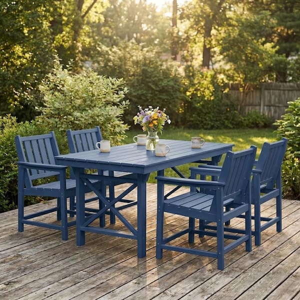 Navy Blue 5-Piece HDPE Plastic Patio Outdoor Dining Set with Arm Chairs and Rectangular Table